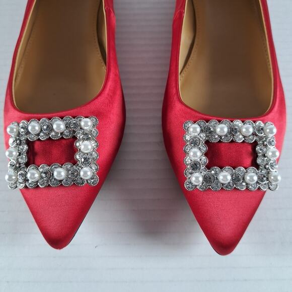 J Crew Embellished Flats Womens 6 Red Satin Pointed Toe Slip On Holiday Classic - Picture 5 of 12